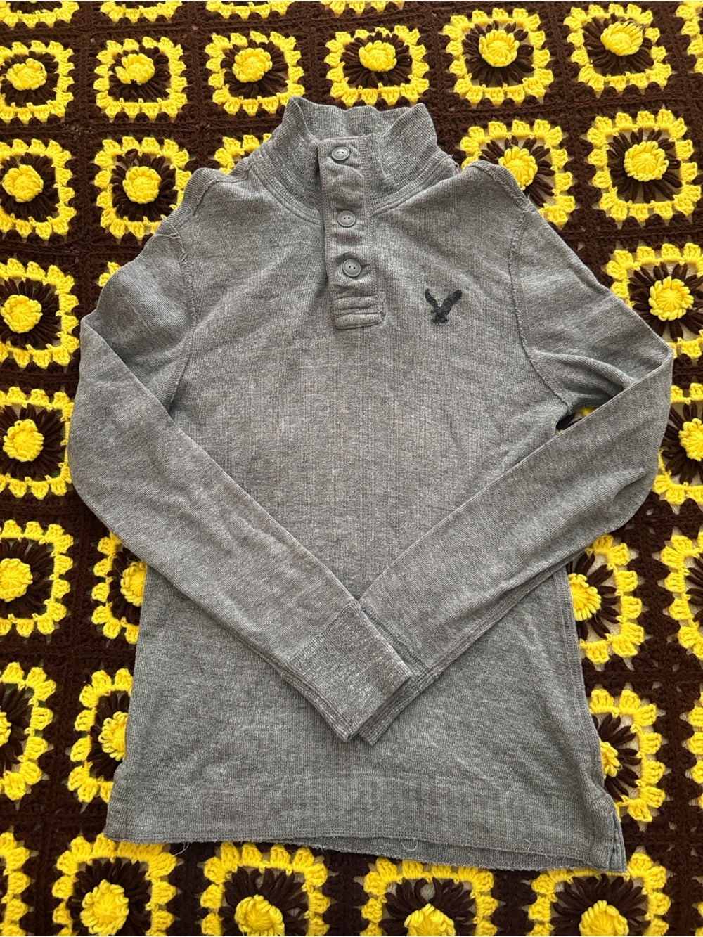 Y2K AMERICAN EAGLE men's grey 1/4 button mock sweater pullover logo Small